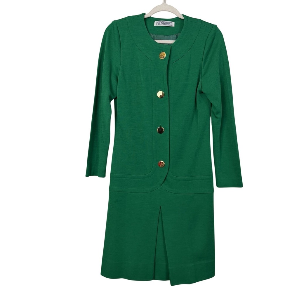 Vintage 80s Givenchy Nouvelle Boutique Green Dress Gold Buttons Front Drop Waist